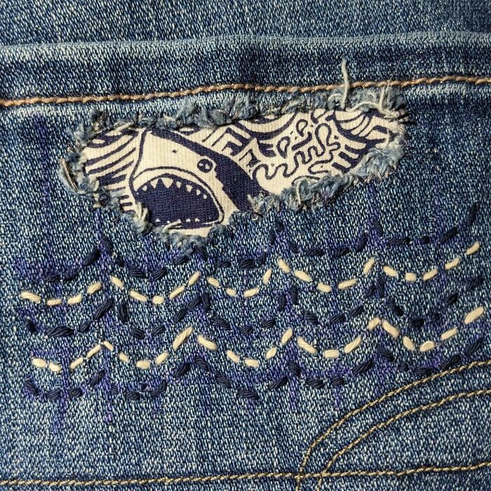 This Patch Might Bite You In The...rear Pocket Of The Vintage Jeans I Patched. Scrap Of Stretchy Fabric And Sashiko Thread